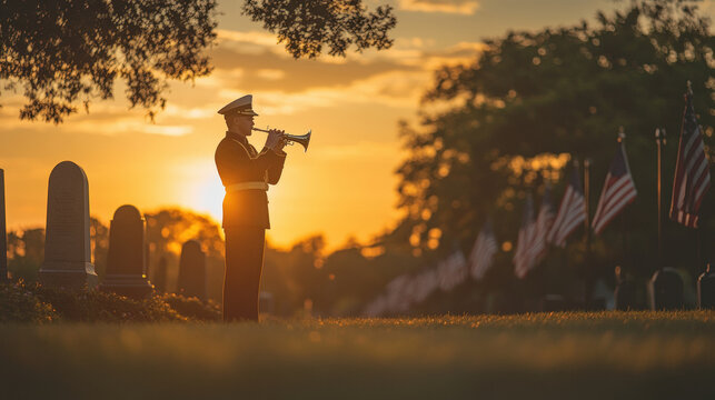 Solemn Military Bugler Playing Taps at Memorial Day Cemetery Ceremony with Flags Waving in Background