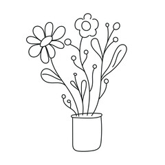 Black and white floral line drawing, minimalistic flowers in a pot, hand-drawn botanical illustration.