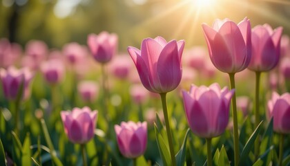 Fototapeta premium Beautiful Field of Pink Tulips Under Soft Morning Sunlight in a Lush Green Landscape