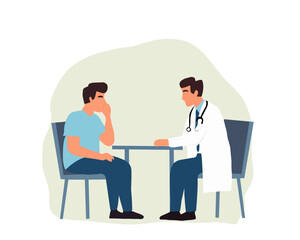 Vector illustration of a doctor consulting a worried patient at a table. Suitable for healthcare, medical consultation, mental health, therapy, diagnosis, and medical advice concepts