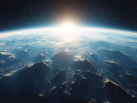 a view of Earth from space, showcasing a stunning sunset or sunrise with the sun's light illuminating the clouds and landmasses. The Earth is surrounded by a vast expanse of stars  - Powered by Adobe