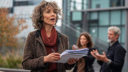 Confident professional woman on a call with colleagues in urban setting