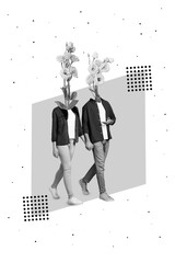 Vertical creative collage image of walking dating young couple go holding hands flowers bouquet...