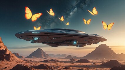 A futuristic spaceship hovering above a barren landscape under a starry sky, with vibrant butterflies fluttering around, creating a stark visual
