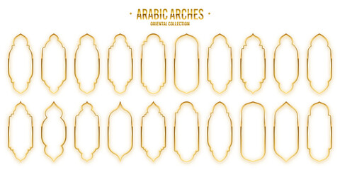 Islamic frames, oriental style. Golden arabic shapes, windows and arches. Traditional ornamental banner, frame. Muslim holidays, Ramadan Kareem. Modern eastern architecture. Vector illustration