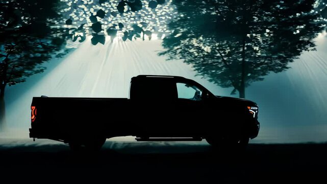 Beneath a canopy of trees, a strong truck stands silhouetted against enchanting light beams. The atmosphere is filled with mystery and excitement, perfect for an outdoor experience.