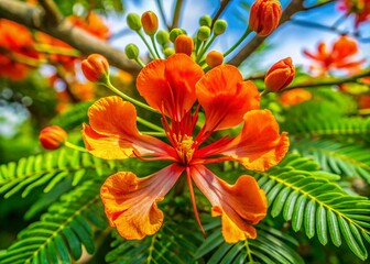 Aerial View of Orange Peacock Flowers Blooming on Tree, Isolated on White Background