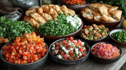 Assorted delicious appetizers, salads, and baked goods arranged on a rustic wooden table.