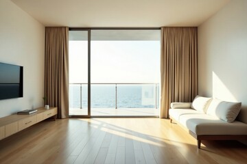 Fototapeta premium Serene Coastal Living Room with Ocean View and Sunlight Streaming Through Floor-to-Ceiling Windows