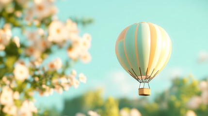 Obraz premium Vintage hot air balloon floating among soft pastel flowers in serene landscape dreamy travel concept