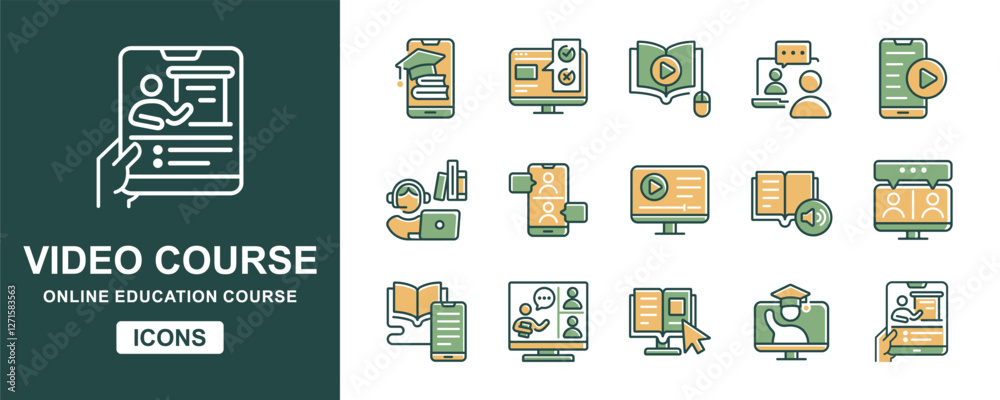 Aufkleber online learning video conference icon set education workshop lecture course digital seminar classroom discussion presentation read and learn book signs vector illustration for web and app