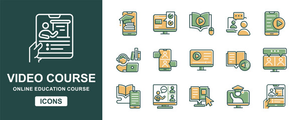 online learning video conference icon set education workshop lecture course digital seminar classroom discussion presentation read and learn book signs vector illustration for web and app