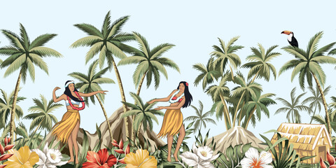 Hawaiian girls, toucan, hibiscus flower, orchid, palm tree, banana tree, palm leaves, island seamless border. Jungle wallpaper. © good_mood