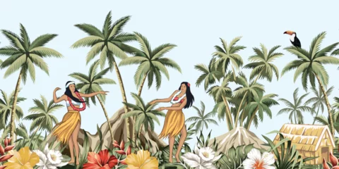 Fotobehang Jungle Hawaiian girls, toucan, hibiscus flower, orchid, palm tree, banana tree, palm leaves, island seamless border. Jungle wallpaper.  © good_mood