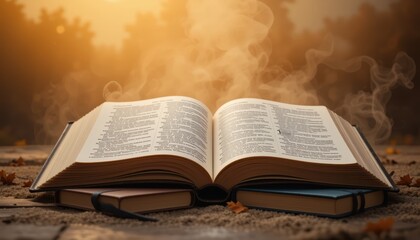 Open Book with Steam Rising in Warm Ambient Light, Nature Background, Relaxing Reading Atmosphere, Cozy Scene