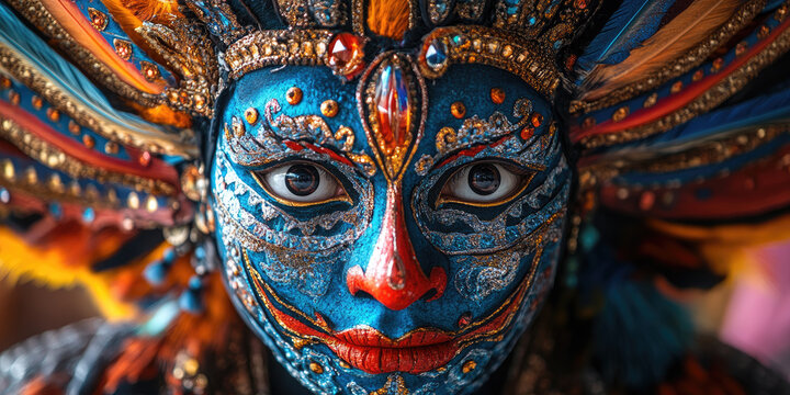 Close-up view of a vibrant devil mask from Diablada during the Carnival celebration in Oruro, Bolivia, showcasing intricate details and cultural significance