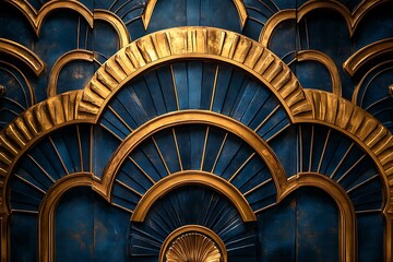 Fototapeta premium Ornate blue and gold wall design featuring art deco arches and sunburst patterns