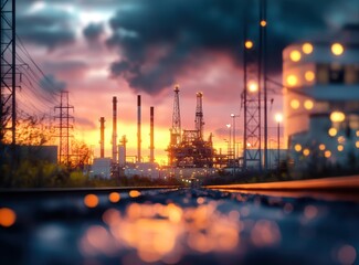 oil and gas drilling rig at dusk with a beautiful sky