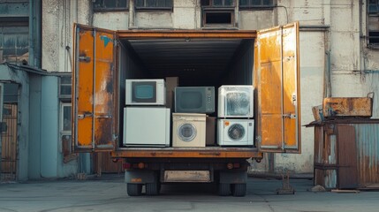 Vintage Appliances Loaded Onto a Rusty Industrial Container Truck. Urban Waste Disposal Scene. Industrial Relocation.