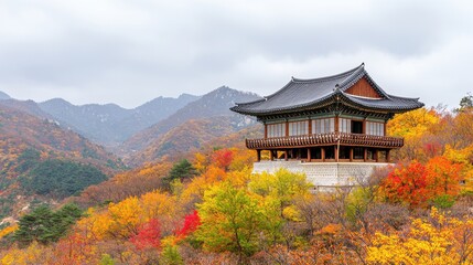 Naklejka premium Vibrant Autumn Landscape with Traditional Asian Pavilion and Mountains