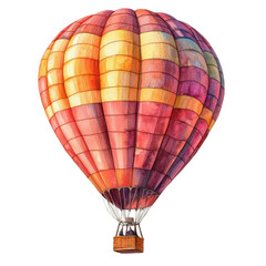 Colorful watercolor illustration of a hot air balloon soaring above with a vibrant striped pattern in shades of orange and pink