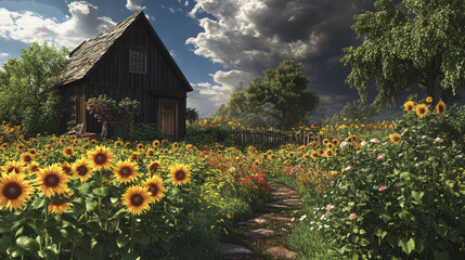 A rustic farmhouse garden filled with blooming sunflowers, roses, and wildflowers —ar 16:9 