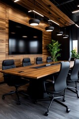 Modern conference room with stylish furniture, large display screen, and greenery, perfect for meetings and collaborations.