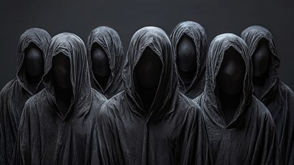 group of hooded figures stands in circle their hidden faces glowing faintly. Each figure embodies fundamental forces of human psyche observing modern world from shadows.