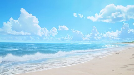 Fototapeta premium Serene Seascape with Gentle Waves and Bright Clouds Under a Clear Blue Sky at Tropical Beach