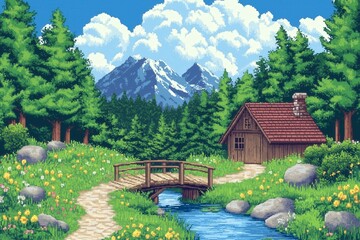 Naklejka premium Pixel Art Tranquil Landscape with Cottage, Stream, Bridge, and Majestic Mountains