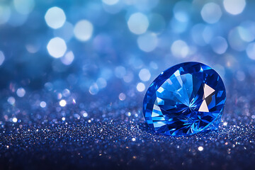 A dazzling close-up of a brilliant blue sapphire gemstone resting on a glittering surface. The deep blue hues, faceted reflections, and dreamy bokeh lights create an atmosphere of elegance and luxury.