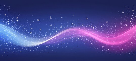 Abstract Blue And Pink Wavy Lines With Glitter, Representing Flow, Movement, And Data Visualization.