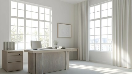 Fototapeta premium Bright Modern Minimalist White Office with Wooden Desk and Large Windows