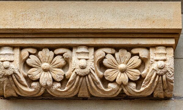 This image showcases an intricate floral bas relief design, highlighting ornate stonework that adds character and elegance to architectural elements.