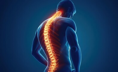 3D Medical Illustration of Human Spine with Glowing Pain Effect Highlighting Back Pain and Posture Issues