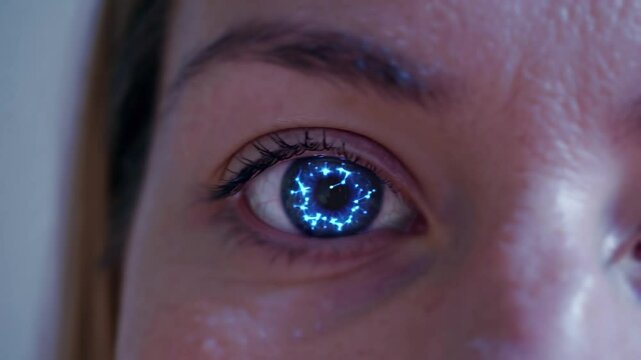 Closeup macro of a blue woman&rsquo;s eye with reflections of constellations stars and sky.