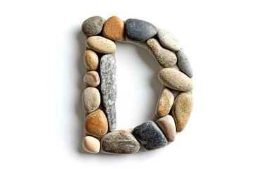 Pebble Letter D: Creative Alphabet Design, White Background, High-Resolution Stock Photo. Perfect for branding, logos, websites, invitations, cards, and more! Natural stone letter D, smooth pebbles   