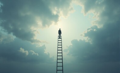 Obraz premium Man on Ladder Against Cloudy Sky