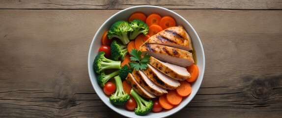 Bowl of grilled chicken breast with broccoli and assorted vegetables on a wooden surface