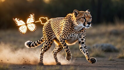 A cheetah sprinting through a grassy landscape, chased by a glowing butterfly, capturing the essence of nature's beauty and agility