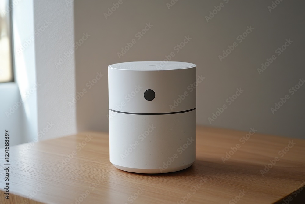 Poster modern white air diffuser placed on wooden surface with natural light highlighting its design