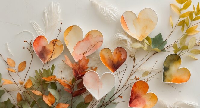 Watercolor Hearts with Autumnal Foliage for Thanksgiving Greetings.