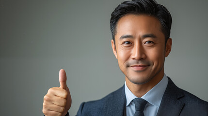 Asian business man showing thumbs up gesture. Successful asian business man in suit on grey background.