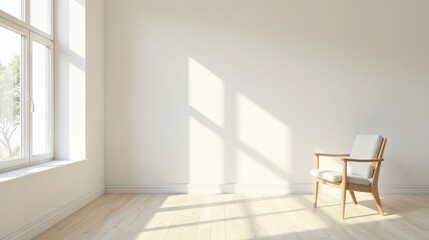 Fototapeta premium Sunlit Room Interior Design Featuring a Light Wood Armchair and Minimalist Decor