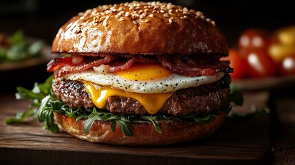 Juicy beef burger topped with fried egg, bacon, cheese, and arugula on a sesame bun.