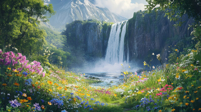 A stunning view of a cascading waterfall surrounded by lush greenery and wildflowers —ar 16:9 