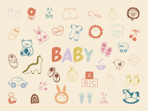 Set of Baby clipart files, newborn vector elements, infant, toddler, child, bib, pacifier, baby toys. Hand Drawn nursery outline illustrations