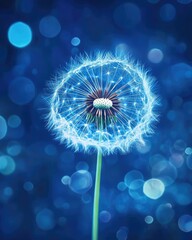 Fototapeta premium Ethereal Dandelion Seeds Dancing in Twilight with Bokeh Light Effects and Dreamy Blue Atmosphere