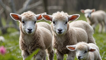 Obraz premium A group of playful lambs in a lush green field, showcasing their fluffy wool and curious expressions under natural sunlight