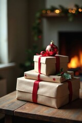 Stack of elegantly wrapped holiday presents with a festive ornament atop, sitting on a rustic wooden table near a warm, inviting fireplace